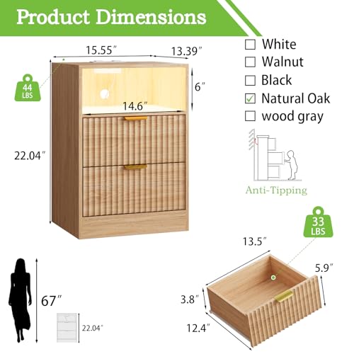 Image of Night Stand Set 2, LED Nightstand with Charging Station, Fluted Nightstands Set of 2 with 2 Drawers, Wood Side Table End & Bedside Tables for Bedroom Sofa Office, Natural Oak