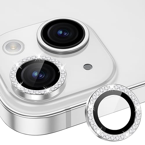 Image of Tempered Glass Camera Lens Protector Compatible for iPhone 15 /15 Plus Bling,Individual Metal Diamond Ring 9H Hardness Scratchproof Protector,Stylish Accessories,Case Friendly (Silver Diamond)