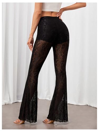 Verdusa Women's Floral Lace Sheer Flared Pants High Waisted Lettuce Trim Fitted Trousers2