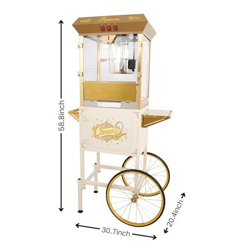 Image of Large Popcorn Machine with Cart: 16 Oz Vintage Commercial Popcorn Maker Movie Theater Style Makes Up to 64 Cups for Home Party Office, White