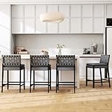 HEAH-YO Mid-Century Modern Leather Bar Stools Set of 4, 26' Counter Stools with Woven Leather Back, Upholstered Barstools with Black Wood Legs Bar Chairs for Kitchen Island Dining Room, Black