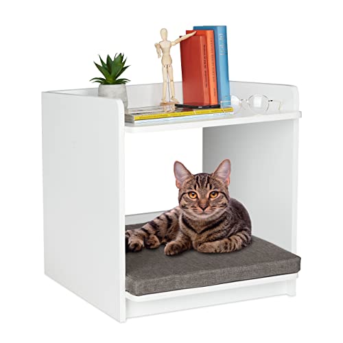 Relaxdays Mesa Auxiliar con Cama para Mascota, para Gatos y Perros Pequeños, 54,5 x 50 x 54 cm, Lecho con Cojín, Blanco, Tablero de Fibras