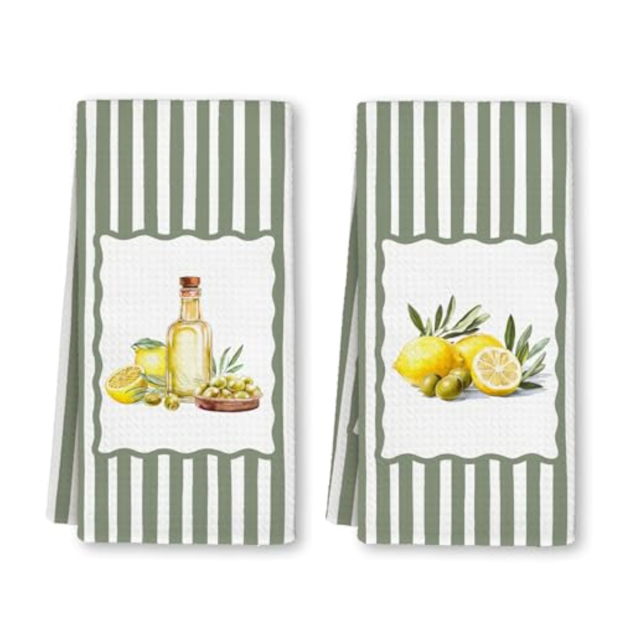 Farmhouse Lemon Olive Kitchen Towels, Rustic Sage Green Stripes