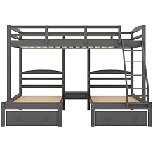 SOFTSEA L-Shaped Triple Bunk Bed with 3 Beds and Drawers for Teens, Solid Wood Bunk Bed Frame with Guardrails and Ladder Grey, with Drawers