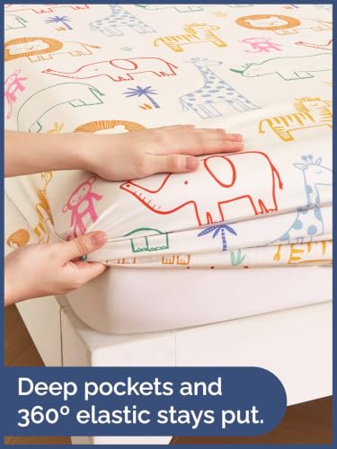 Image of Kids Queen Size Animal Bed Sheets - 4 Piece Kids Animal Sheet Set - Doodle Safari Bedding - Ultra-Soft, Cute & Cozy - Breathable & Machine Washable - Jungle Bed Set for Boys, Girls, Teens & Toddlers
