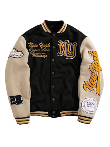 GORGLITTER Men's Letter Graphic Varsity Jacket Long Sleeve Striped Trim Button Bomber Jackets