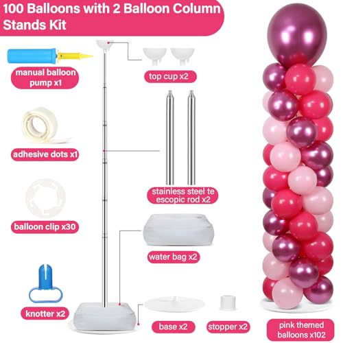 Image of 2 Sets Pink Balloon Column Stand Kit with 100 Balloons Summer Adjustable Balloon Tower Stand with Bases for Floor Pink Balloon Arch Column for 50th Birthday Wedding Engaged Back to School Party Decor