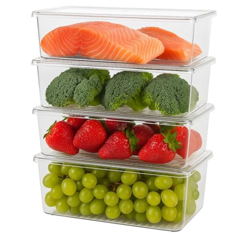 Image of JD FRESH 1500ML Fridge Storage Containers Set of 4 with Removable Drain Plate & Lid | Leak-Proof Stackable Refrigerator Organizer Boxes for Vegetables, Fruits, Snacks|BPA Free, Easy to Clean& Reusable