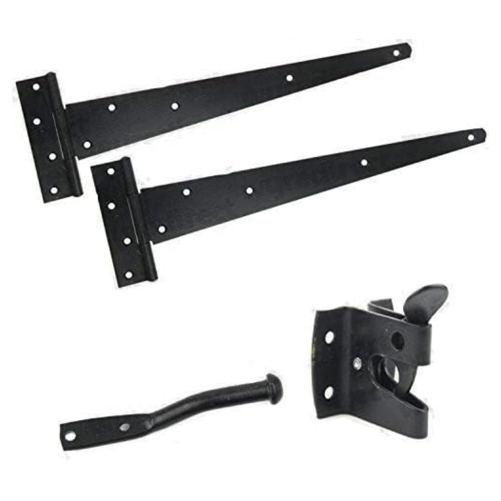 Gate Hinge Set - Wooden Door Hinges & Latch - 300mm Tee and Auto Catch