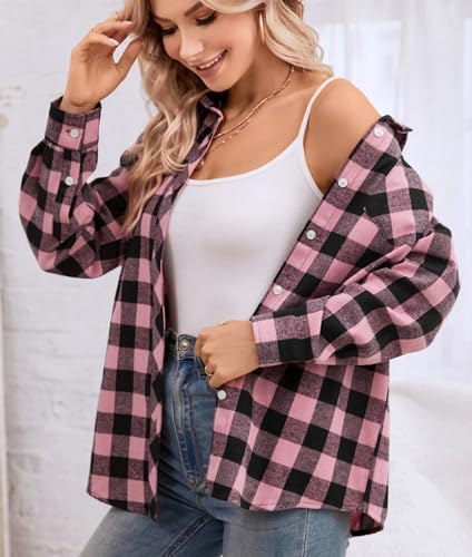 Image of SANGTREE Women and Girls Long Sleeve Flannel Casual Button Down Plaid Shirt