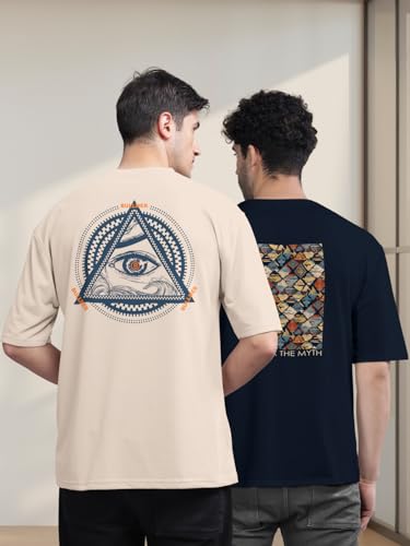 Image of BULLMER Trendy Front and Back Printed Oversized Round Neck T-Shirt for Men - Pack of 2