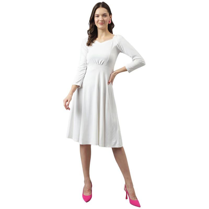 Image of Cicica Women's White Spandex Solid Fit & Flared Heart Neck 3 /4 Sleeve Western Dress | Colour - White