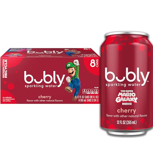 bubly Sparkling Water, The Super Mario Galaxy Movie Cherry, Zero Sugar & Zero Calories, 12 Fl Oz Cans (Pack of 8), Packaging May Vary