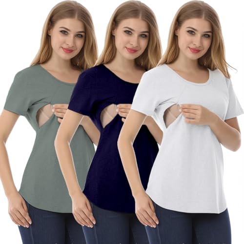 Image of LiMira 3-Pack Maternity Short Sleeve Nursing T-Shirt, Cotton Blend Loose Fit Breastfeeding Top with Side Zipper