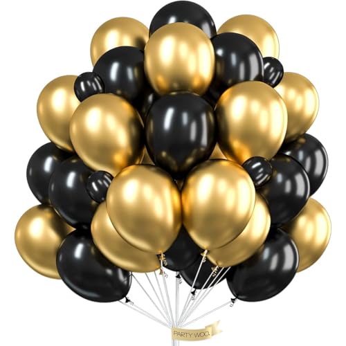 PartyWoo Black and Gold Balloons 66pcs 12 Inch Matte Black Metallic Chrome Gold Balloons for Graduation Baby Shower Birthday New Years Eve Anniversary Bachelorette Retirement Party Decorations