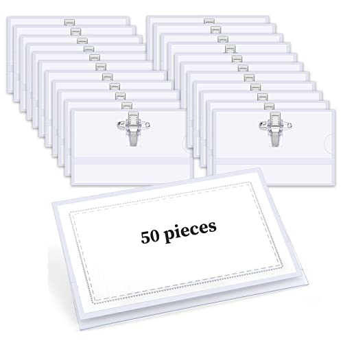 50 Pcs Name Badges with Clip and Pin, Clear Name Badge Holders Plastic ID Name Badge for School Office Conference(9 * 5.6cm)