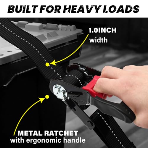 Image of Ratchet Straps (4 Pack) - 1in x 15ft Motorcycle Strap Tie Downs with 15ft Soft Loops - 2,100lb Break Strength Ratchet Tie Down Straps for Motorcycles, Truck, Cargo - Safety S Hook, Storage Bag