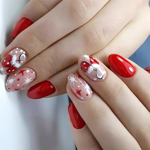 24 uñas postizas a presión de Navidad, diseño de guantes de almendra, uñas postizas, cubiertas completas, uñas adhesivas brillantes para mujer