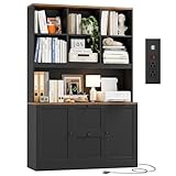 HIFIT 72'' Tall File Bookcase with Power Outlet & Printer Stand, 2 Drawer Filing Cabinets for Home Office Fit Hanging A4 File, Storage Cabinet w/ 3 Tier Open Book Shelf & Doors for Living Room, Black