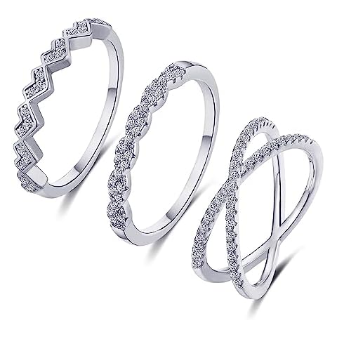 Honsny 3PCS Gold Rings for Women, Silver Stackable Thumb Rings Non Tarnish Thin Cubic Zirconia Dainty Ring Set Eternity Wedding Bands Aesthetic Jewelry Size 5-11 Cover
