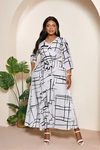 Plus Size Dress Printed for Women V-Neck 3/4 Sleeve with Belt3