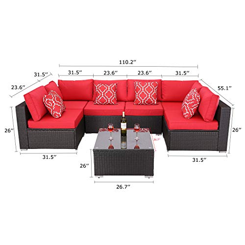 Do4U Patio Sofa 7-Piece Set Outdoor Furniture Sectional All-Weather Wicker Rattan Sofa Seat & Back Cushions, Garden Lawn Pool Backyard Outdoor Sofa Wicker Conversation Set (Red)