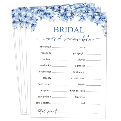 Image of Bridal Word Scramble Bridal Shower Games, 25 Blue Floral Wedding Shower Game Cards & 1 Answer Card, Engagement Party Game for Guests, Wedding Games for Reception, Marriage Party Supplies -17