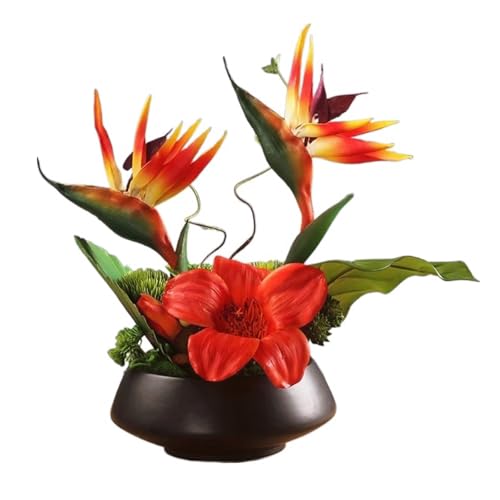 Oiseau de Paradis Artificiel Haut de Gamme au Toucher réaliste en Pot - Composition Florale Artificielle Moderne pour Centre de Table intérieur et décoration (Rouge)