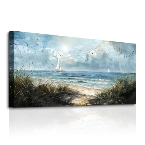 MHARTK66 Tableau Decoration Murale Salon Moderne, 50x100 cm Grand Impression sur Toile, Cadre Decoration Murale Bateau À Voile au Bord de Mer, Décoration de Chambre Salle De Bain Maison Décorations