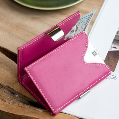 Image of LLH Leather Trifold Wallet - RFID Blocking with Stainless Steel Locking Clip Wallet, Minimalist Front Pocket RFID Blocking Credit Card Holder (Pink)