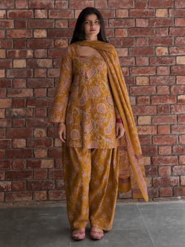 Image of ANNI Designer Farshi Salwar Suit for Women Cotton Printed | Kurta Dupatta Set for Woman | Straight Palazzo Outfit Square Neck Long Sleeve Ethnic Dress Stylish Womens Clothing