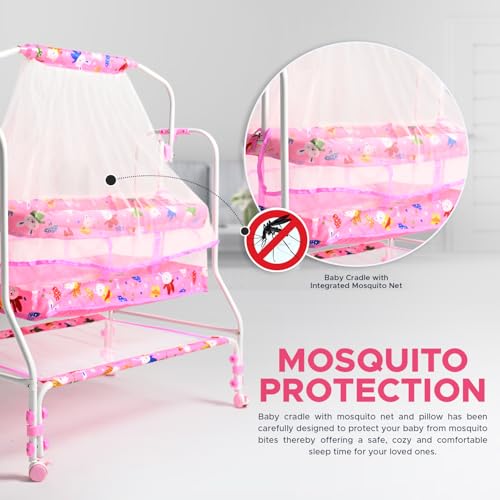 Image of BUBBLEBABY Baby Cradle | Jhula | Baggi | Palna | Ghodiyu | Ventilated | with Swing & Mosquito Net | 0-12 Months | Four Wheels with Brake | Storage | Polypropylene | Safe & Sturdy | Foldable | Pink