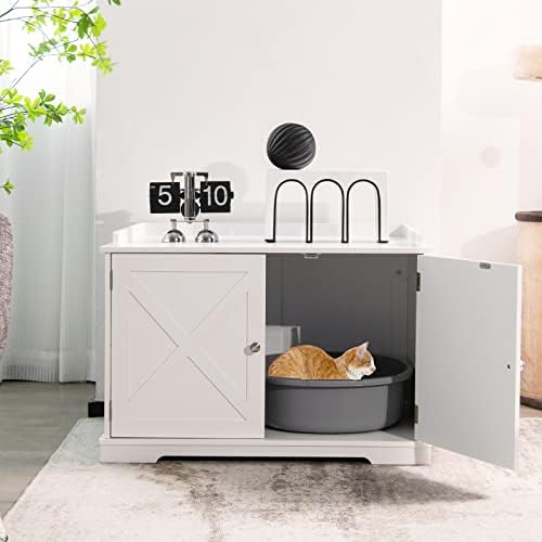 GYMAX Wooden Cat Litter Box Enclosure, Cat House Hidden Washroom Toilet with Hole, Doors, Storage Rack and Removable Panel, Indoor End Table Cabinet for Bedroom, Bathroom & Living Room