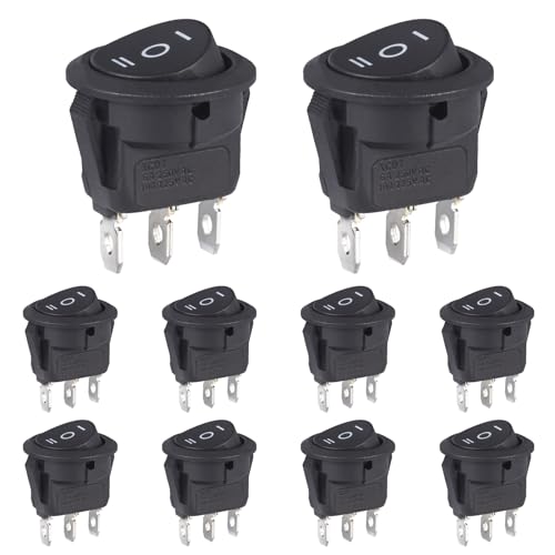 VEXUNGA Kippschalter Rund Wippschalter 3 Polig 6A 250V AC 10A 125V Ein/Aus/Ein Schalter 3Klemmen 3 Position Einbauschalter Selbsthemmung Schwarz Quadratisch Runde Für Auto Boot (10 Stück)