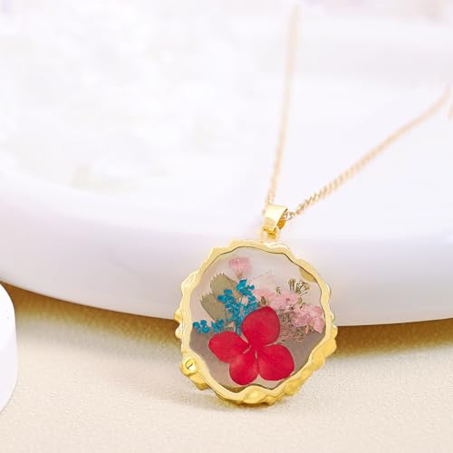 Birth Flower Necklaces for Women,September Month Hydrangea Pressed Flower Necklace,Boho-Style Personalized Jewelry,Handmade Floral Pendant,Thoughtful Gift for Christmas,Birthday|18"(Gold)2