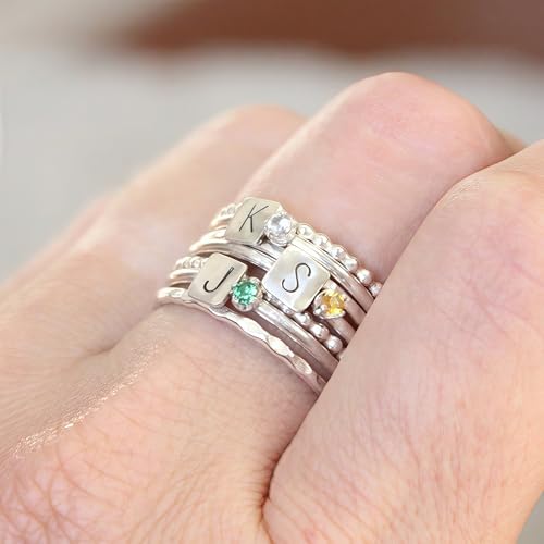 14K Gold Initial Birthstone Rings for Women Non-tarnish Trendy 925 Sterling Silver Stackable Custom Letter Rings Birthday Valentine's Day Mother's Day Gifts for Women Mom Wife Daughter Bridesmaid3