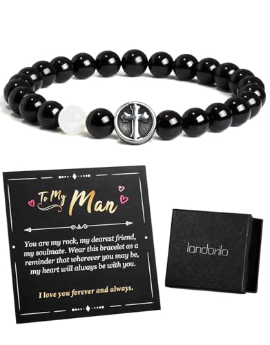 Landorilo Gifts for Men 8mm Natural Stone Healing Beads Bracelet Black Tourmaline Protection Bracelets Handmade Mens Jewellery Gift for Men Dad Husband Son Friend(To My Man-8.3in)