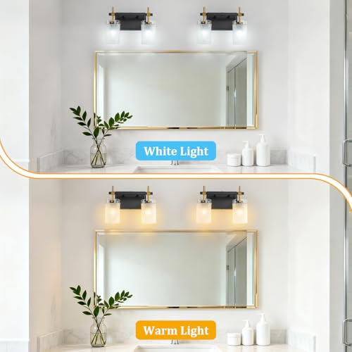 Image of 2-Light Modern Bathroom Vanity Light,Black and Gold Light Fixtures for Bathroom,Modern Wall Light Over Mirror with White Linen Frosted Glass E26 Socket (Bulbs Not Included)