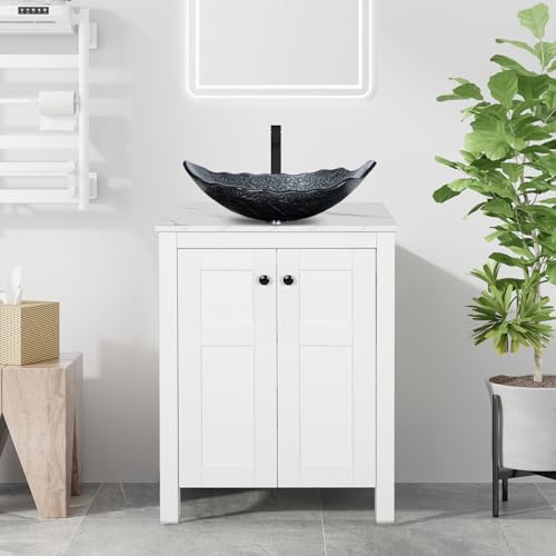 SOLIDEE 24 Inch White Bathroom Vanity with Marble Texture Top, Traditional Standing Pedestal Cabinet with Silver Leaf Glass Sink