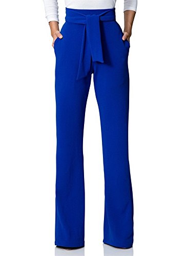 Ptorlio Women's Wide Pants Casual Comfy Stretchy Straight Leg High Waist Trousers with Belt Blue