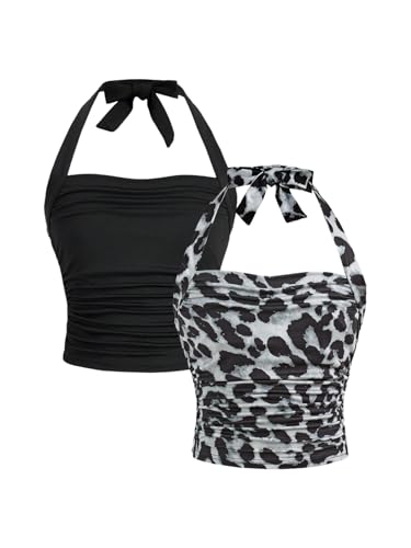 Image of SOLY HUX Girl's 2 Piece Halter Tank Top Leopard Print Ruched Tie Backless Sleeveless Y2k Tops