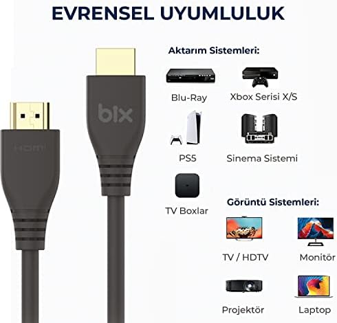 Bix PHD03 8K@60Hz Ultra Yüksek Hızlı HDMI & Ethernet Kablosu, 48Gbps Veri Aktarım Hızı, HDMI 2.1, HDR, eARC, 3D Ready Teknolojisi, Bilgisayar Monitörü, UHD TV, PS5, PS4 Uyumlu 3 Metre Kablo - Görsel 6