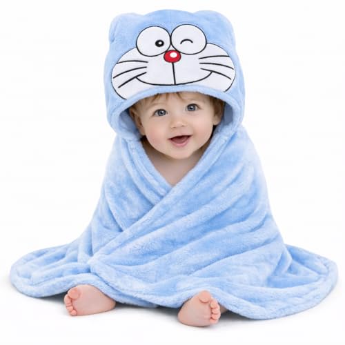 Image of First KickFirst Kick New Born Baby Blanket Pack of Super Soft Bathrobe Wrapper Bath Towel for Boys, Girls, Babies (Sky Blue Smiley, Length 82 cm x Width 82 cm, 0-12 Months)