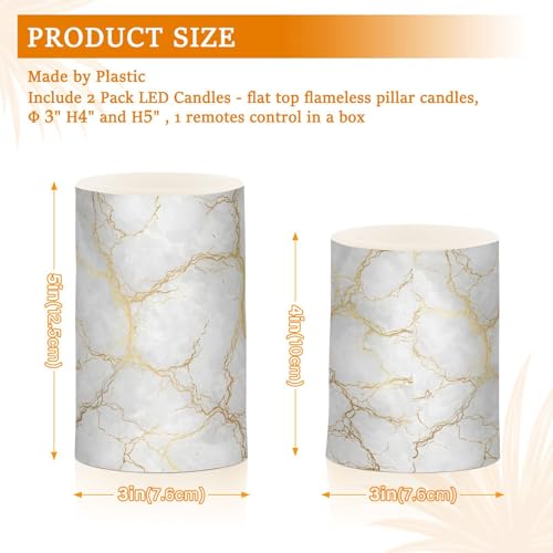 Image of Flickering Flameless Candles, Marble Gray White Golden Texture LED Candles with Remote Timer, Set of 2 Battery Operated Candle for Valentine Wedding Birthday