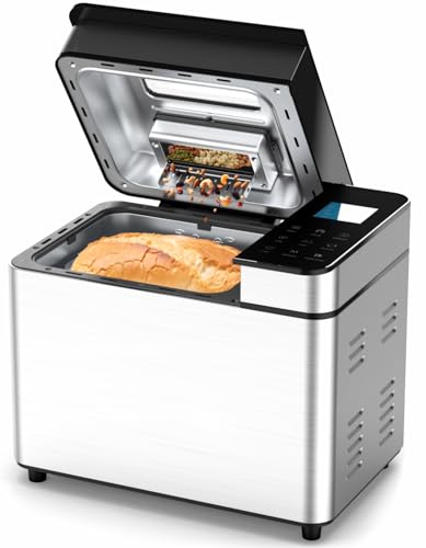Image of MERIOR 25-IN-1 Bread Maker with Visible Lid | 2lb Automatic Machine, Auto Nut Dispenser, 13-Hour Delay Timer, One-Touch Control & Recipes - Easy Operation, High Success for Homemade Bread. Light Gray