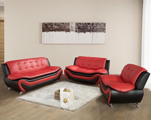 Vihogarly Modern Red Leather Couch Set, 3 Piece Leather Living