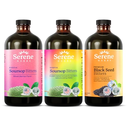 Serene Herbs Soursop Bitters Liquid & Black Seed Bundle Organic Herbal Guanabana for Digestive Support & Immune Health Vegan Non-GMO 32 oz (16 oz Each) (3 Pack)