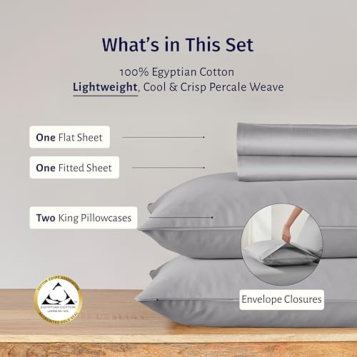 California Design Den King Bed Sheets Set - Certified 100% Egyptian Cotton Percale Sheets King with Deep Pockets, Lightweight, Crisp, Cool & Durable Luxury Bedding Set - Light Grey