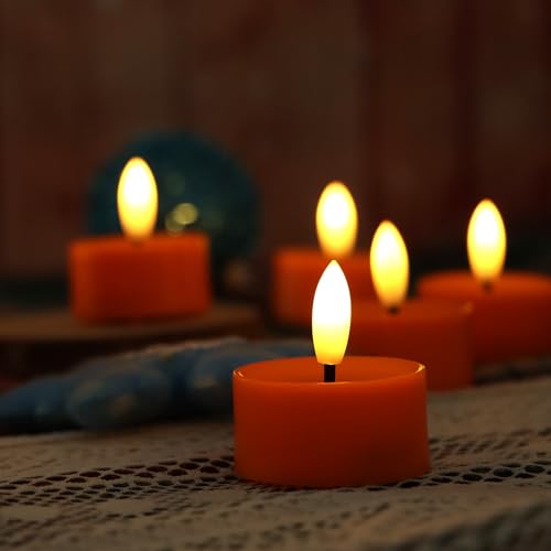 Image of CANDLE CHOICE Battery Operated Flameless Tea Lights Realistic Black Wick Bright Flickering LED Tealight Candles Wedding Table Centerpieces Halloween Christmas Decorations Batteries Incl 12 Pack Orange