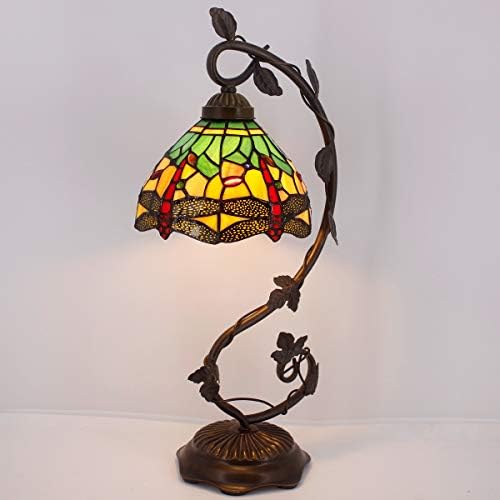 WERFACTORY Bedside Lamp Tiffany Style Stained Glass Table Lamp, Green Yellow Dragonfly Antique Banker Desk Light with 21" Tall Thin Metal Leaf Base - Bedroom Living Room Accent Hotel